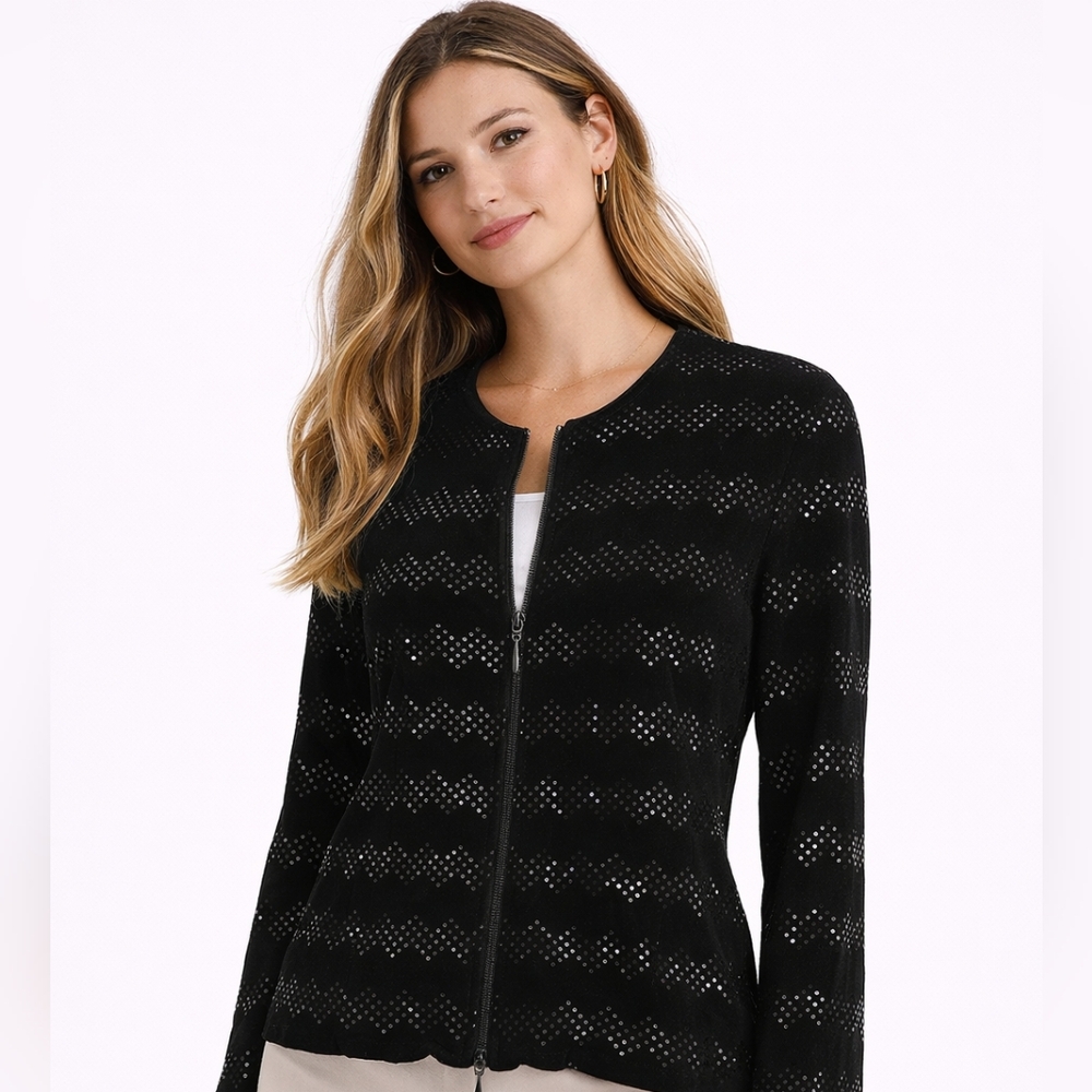 Joseph Ribkoff Black Sequin Zip-Up Jacket – Elegant Statement Piece - Small/Medi